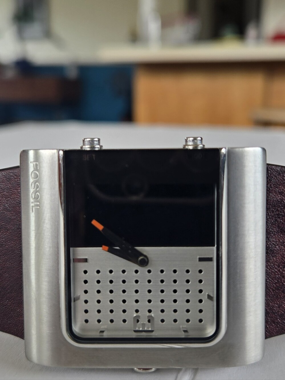 Fossil Silver Case Brown Leather Strap Watch with Black Dial and Orange Hands